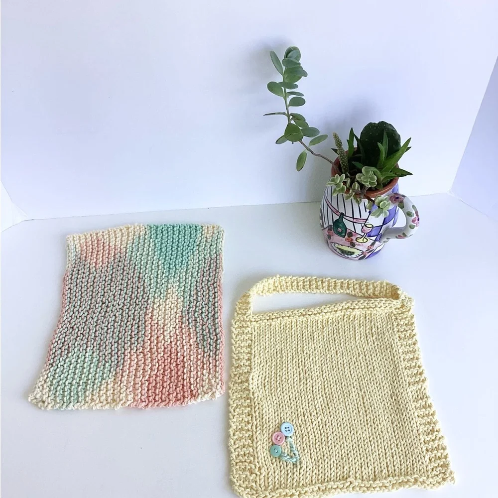 Baby Bib Set Hand Crafted Washcloth Cotton Yellow Green Unisex Floral Knit